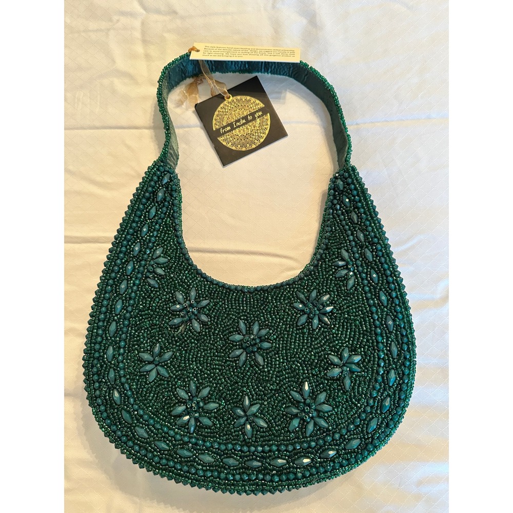 From India to You Green Hand Beaded Floral Hobo Bag Evening Purse NWT
